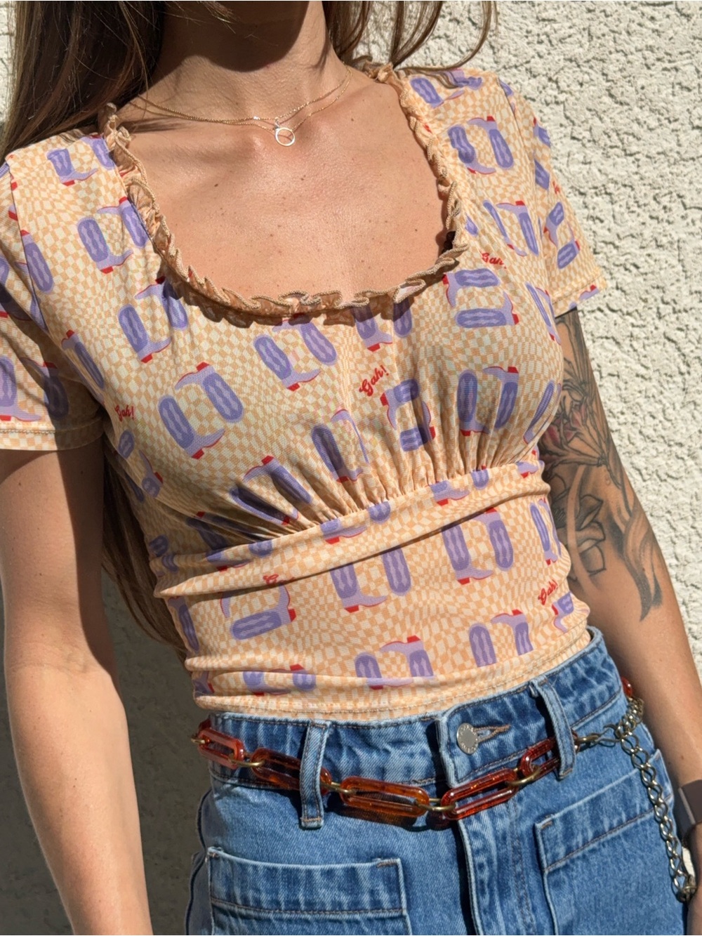 Lisa Says Gah Cowgirl Boot checkered Mesh top